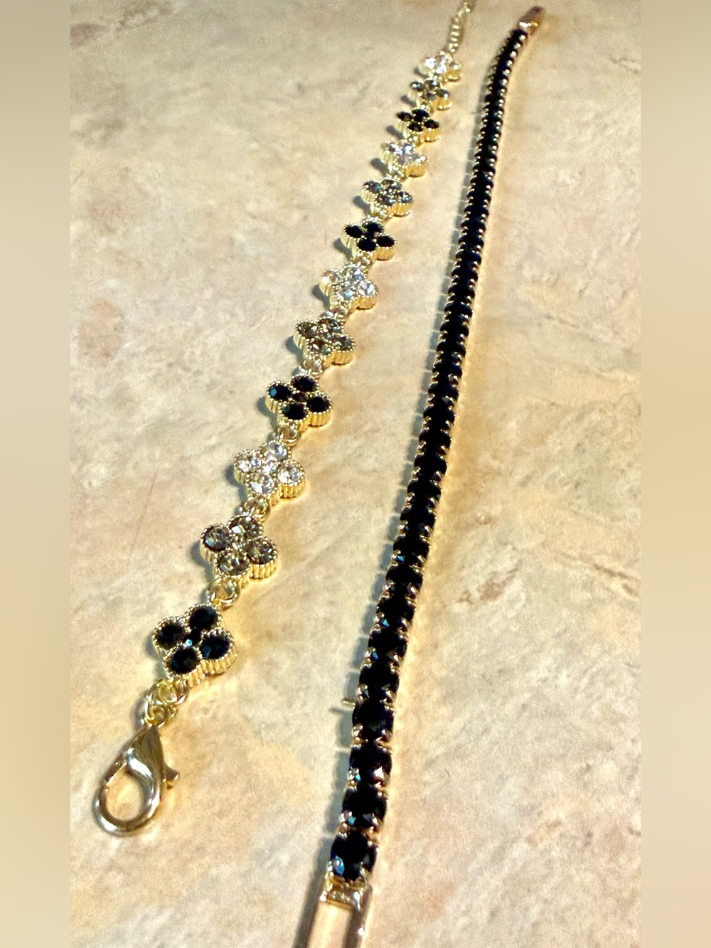 Gold Floral Crystal Bracelet Set with Black Accents - Women Jewelry